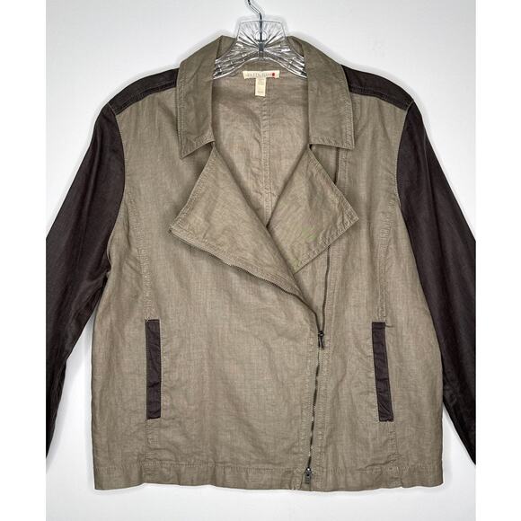 Green Eileen Fisher Organic Linen Moto Jacket Two-Tone Brown Medium - Picture 3 of 13